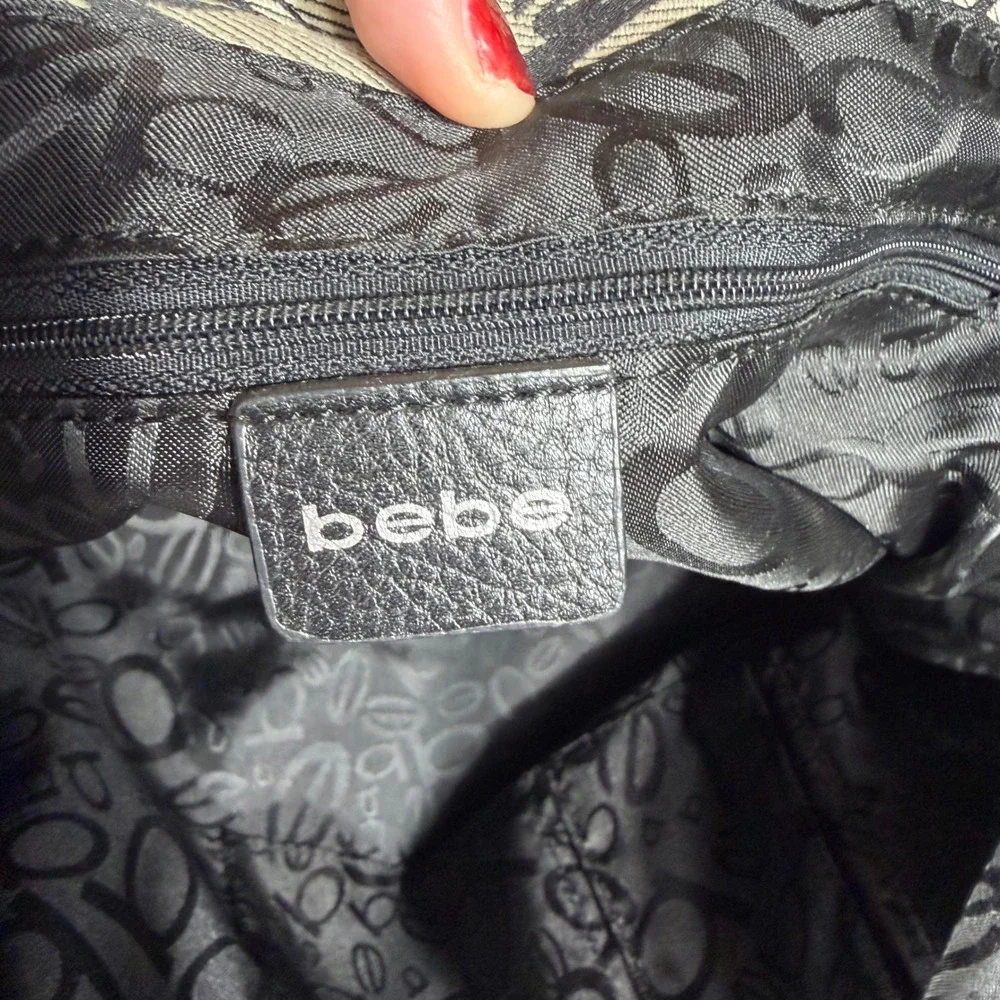 Vtg Bebe Monogram Logo Canvas Hobo Shoulder Bag Black Silver Y2K Slouchy Purse